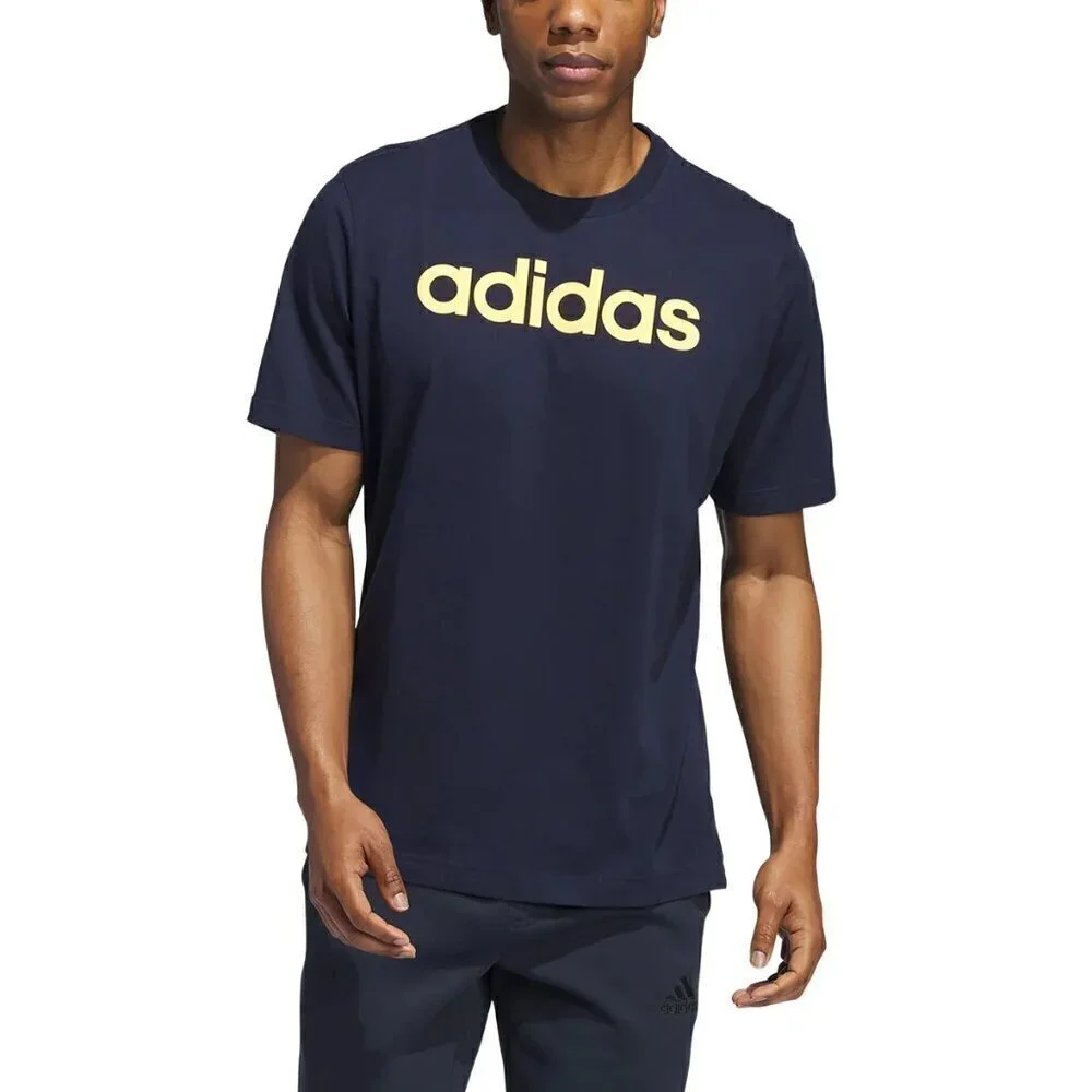 adidas Mens Graphic Tee Navy Blue with Yellow Logo Spellout Stretch 100% Cotton